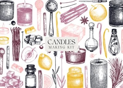 Hand sketched candles ingredients banner. Vintage candles, herbs, wax, fruits, spices, skewers hand drawings background. Perfect for aromatherapy, hobby, handcrafts, candle making.